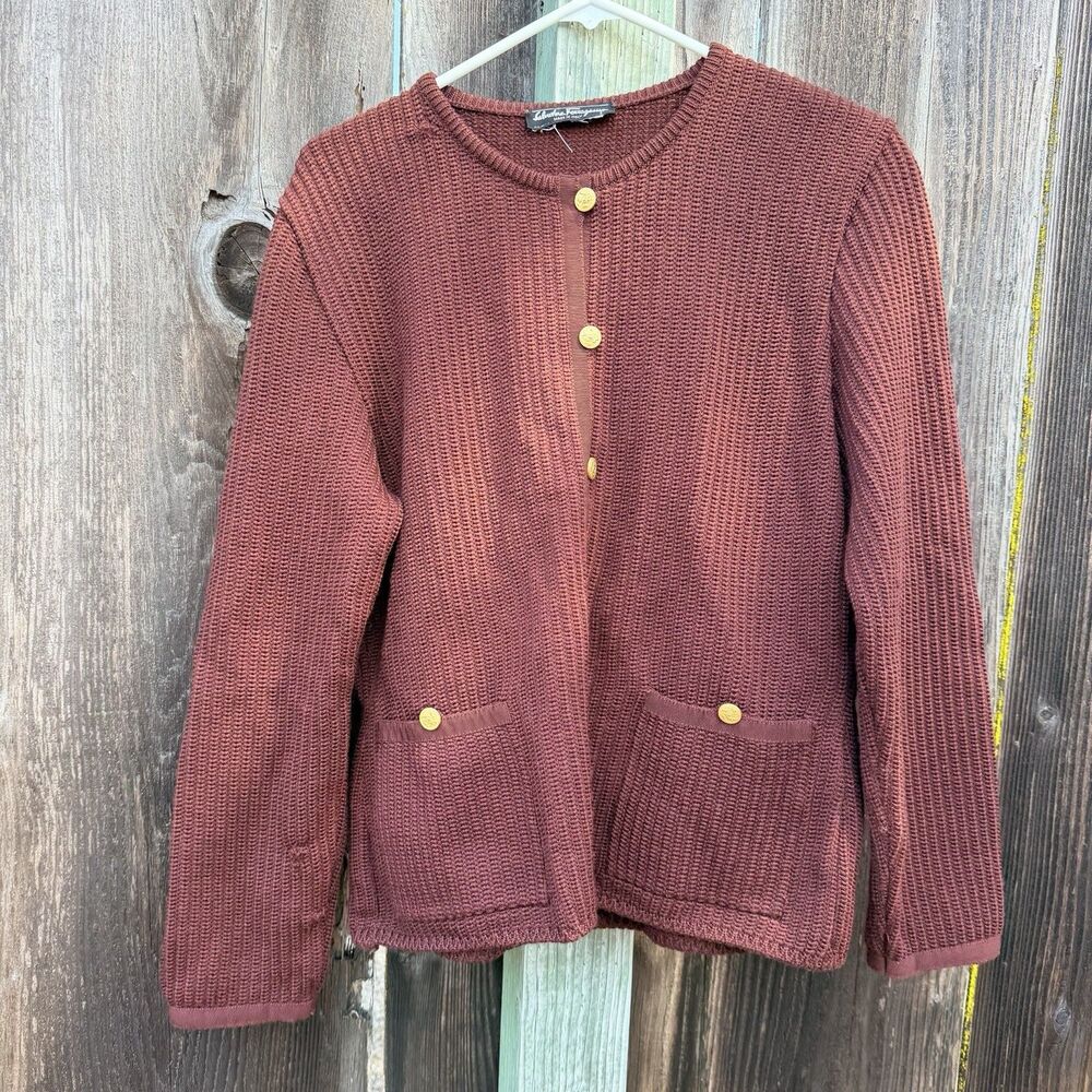 Vintage Salvatore Ferragamo Cardigan Womens Brown Gold Buttons Italy Knit Pocket - Picture 5 of 16